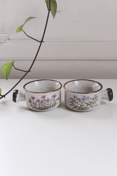 Vintage 70s Takahashi Wildflower Floral Speckled Stoneware Soup Mugs Bowls