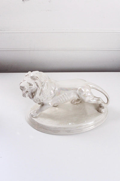 Vintage Iridescent White Porcelain Ceramic Lion Figurine Statue Hand Painted 60s