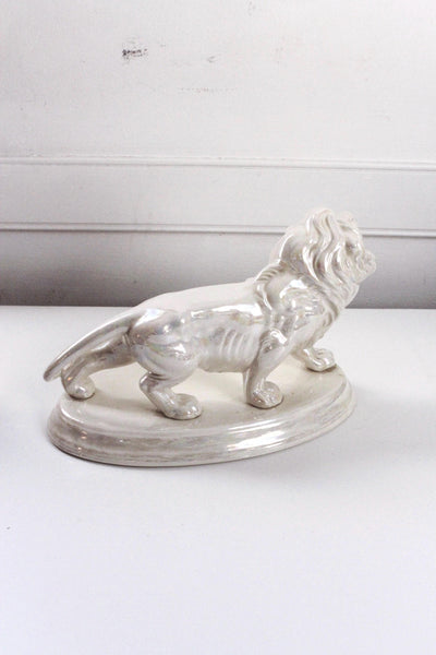 Vintage Iridescent White Porcelain Ceramic Lion Figurine Statue Hand Painted 60s