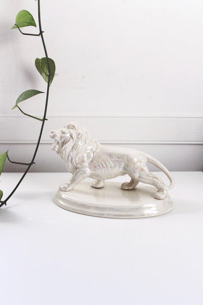 Vintage Iridescent White Porcelain Ceramic Lion Figurine Statue Hand Painted 60s