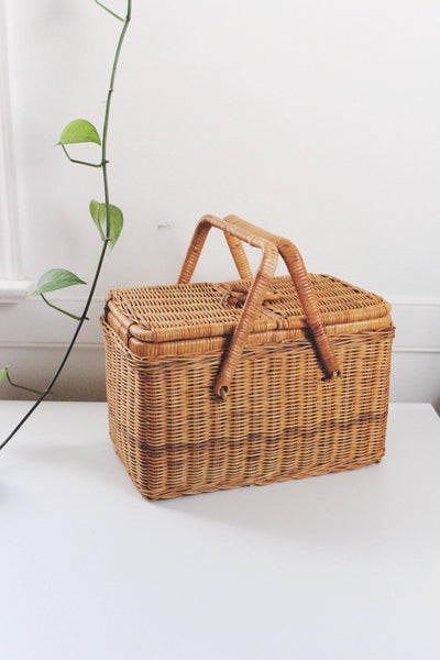 Vintage Hand Woven Rattan Wicker Picnic Basket Cottagecore