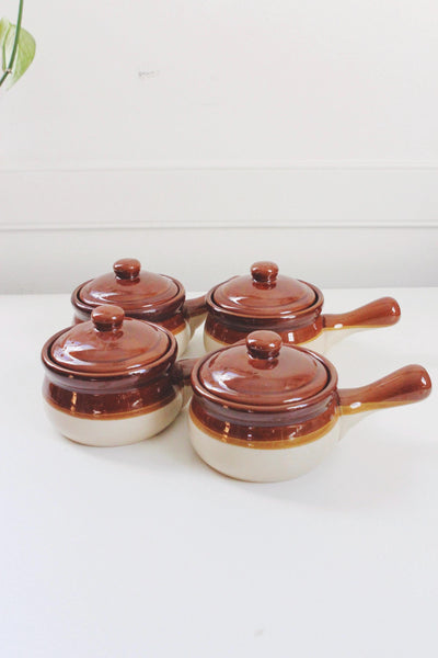 Vintage Stoneware Brown Drip Glaze Lidded French Onion Soup Crock Bowl | Sold Individually