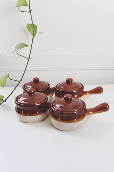 Vintage Stoneware Brown Drip Glaze Lidded French Onion Soup Crock Bowl | Sold Individually