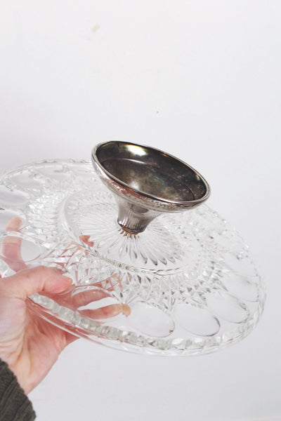 Vintage Thumbprint Pattern Clear Pressed Glass Silver Pedestal Cake Stand Lazy Susan Tray