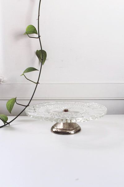 Vintage Thumbprint Pattern Clear Pressed Glass Silver Pedestal Cake Stand Lazy Susan Tray