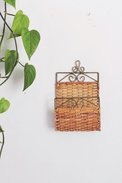 Vintage Wrought Iron Woven Wicker Wall-Mounted Rack Letter Mail Organizer