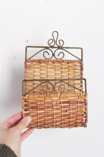 Vintage Wrought Iron Woven Wicker Wall-Mounted Rack Letter Mail Organizer