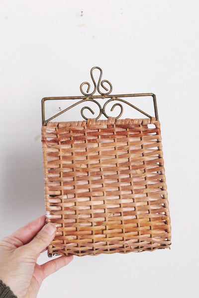 Vintage Wrought Iron Woven Wicker Wall-Mounted Rack Letter Mail Organizer