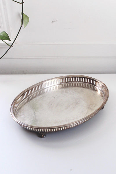 Vintage Ornate Silver Plated Engraved Oval Footed Serving Tray