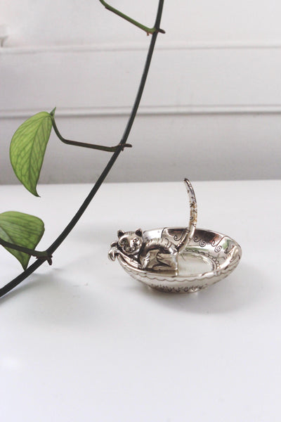 Vintage Brighton Kitty Kaddy Cat Silver-Plated Jewelry Ring Holder Trinket Dish