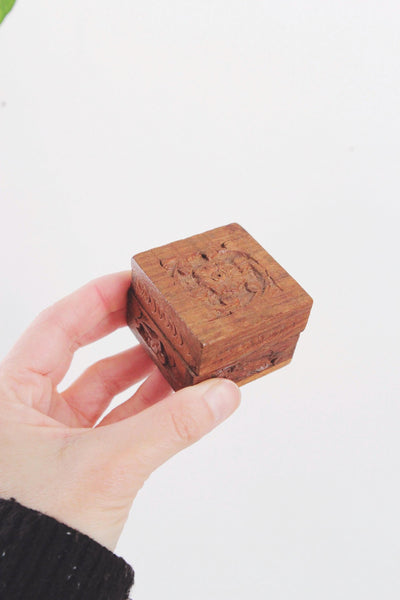 Vintage Hand-Carved Wooden Jewelry Trinket Box India Brass Inlay Moon Elephant | Sold Individually