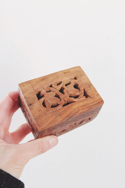 Vintage Hand-Carved Wooden Jewelry Trinket Box India Brass Inlay Moon Elephant | Sold Individually