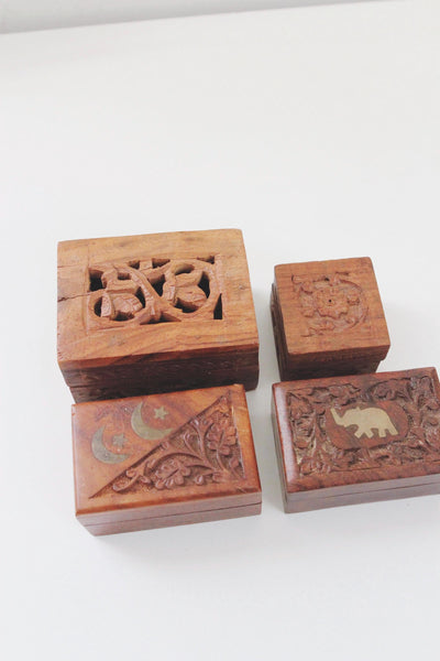 Vintage Hand-Carved Wooden Jewelry Trinket Box India Brass Inlay Moon Elephant | Sold Individually