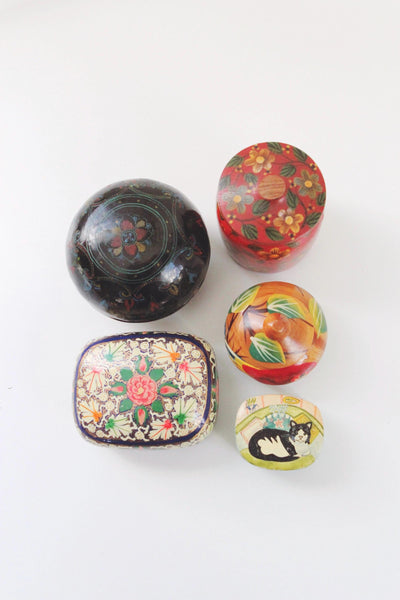 Vintage Kashmiri Hand Painted Paper Mache Trinket Box Cat Parrot Floral | Sold Individually