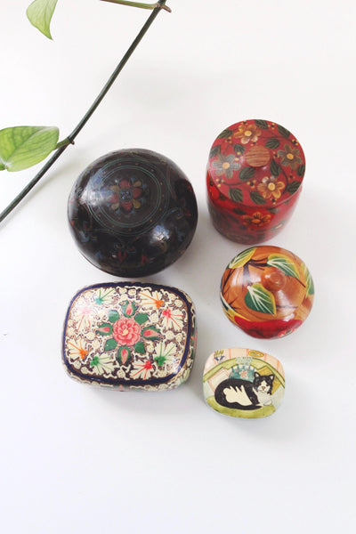 Vintage Kashmiri Hand Painted Paper Mache Trinket Box Cat Parrot Floral | Sold Individually
