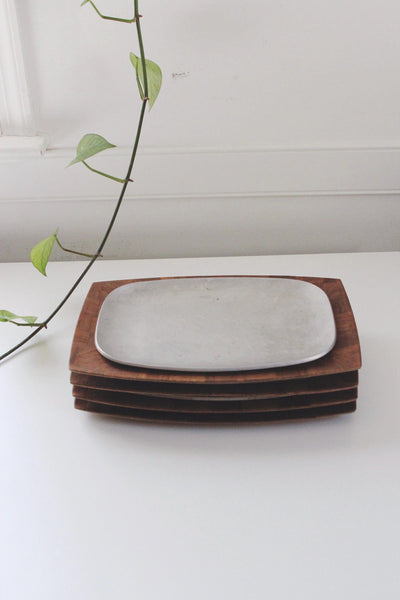 Vintage Mid Century Modern Teak Checkerboard Sizzler Platters or Serving Trays with Aluminum Plates, Set of 4