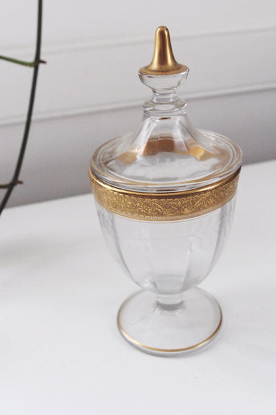 Vintage Gold Glass Candy Dish or Apothecary Jar or Trinket Box - Heisey "Revere" Pattern