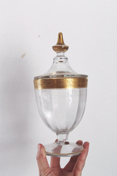 Vintage Gold Glass Candy Dish or Apothecary Jar or Trinket Box - Heisey "Revere" Pattern
