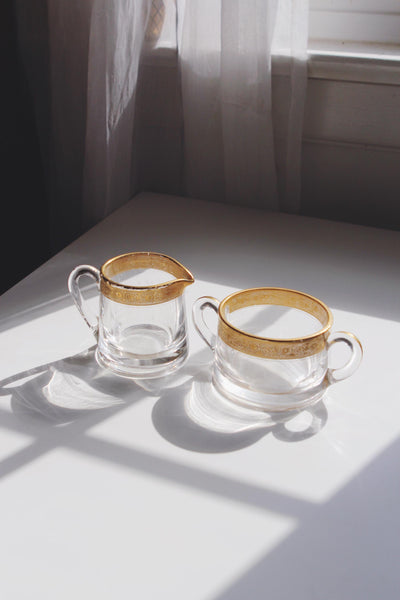Vintage Gilded Gold Glass Sugar Bowl and Creamer Set - Heisey