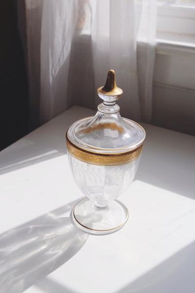 Vintage Gold Glass Candy Dish or Apothecary Jar or Trinket Box - Heisey "Revere" Pattern