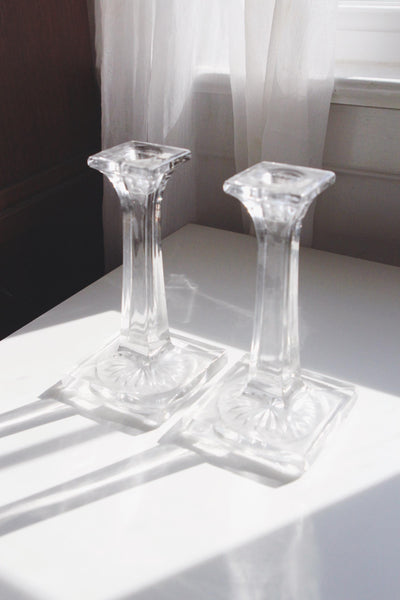 Vintage Crystal Candle Holders - Square Column, Minimalist Modern Design