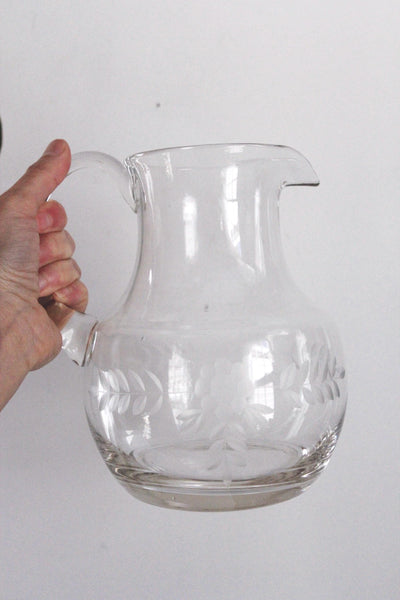 Vintage Etched Floral Glass Pitcher - Mid Century, Hand Made