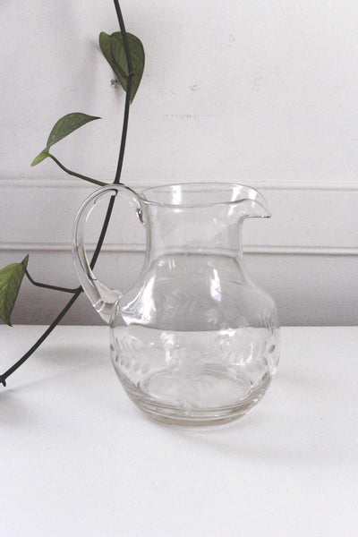 Vintage Etched Floral Glass Pitcher - Mid Century, Hand Made