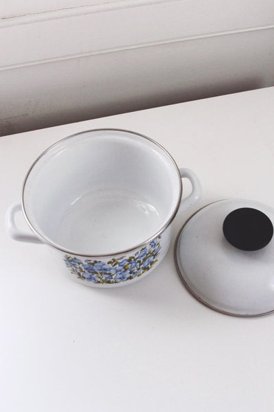 Vintage Blue Floral Small Enamel Casserole Pot Lidded