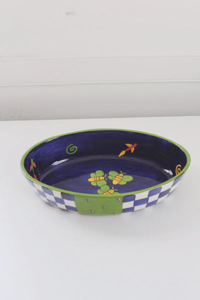 Vintage 90s Laurie Gates Ceramic Stoneware Hand Painted Oval Baking Dish Serving Tray Cottagecore Checkerboard Butterfly