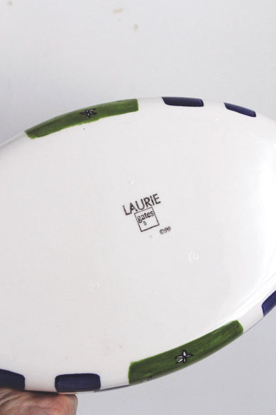 Vintage 90s Laurie Gates Ceramic Stoneware Hand Painted Oval Baking Dish Serving Tray Cottagecore Checkerboard Butterfly
