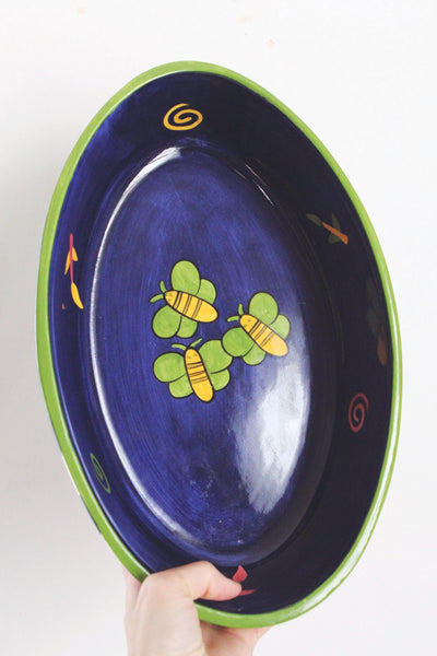 Vintage 90s Laurie Gates Ceramic Stoneware Hand Painted Oval Baking Dish Serving Tray Cottagecore Checkerboard Butterfly