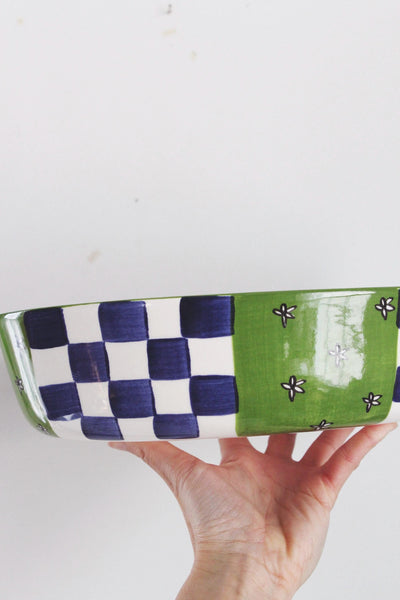 Vintage 90s Laurie Gates Ceramic Stoneware Hand Painted Oval Baking Dish Serving Tray Cottagecore Checkerboard Butterfly