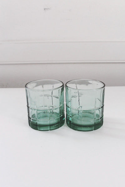 Vintage Anchor Hocking Tartan Sea Mist Green Glass Tumbler Set Pair