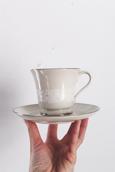 Vintage Gorham "Bridal Bouquet" Fine China Beige Floral Lace Tea Cup Saucer Set
