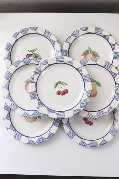 Set of 4 or 7 Vintage Salad Plates - Pfaltzgraff Hopscotch Pattern Fruit, 90s Cottagecore