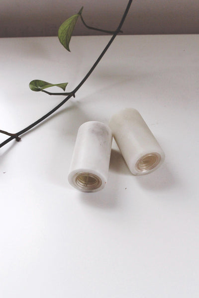 Vintage Minimalist Cylindrical Honed Carrara Marble Salt & Pepper Shakers Set