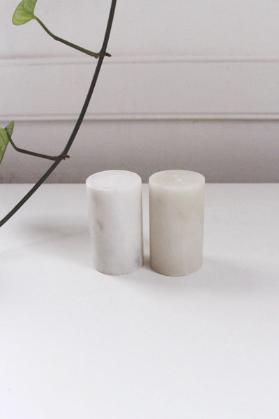 Vintage Minimalist Cylindrical Honed Carrara Marble Salt & Pepper Shakers Set