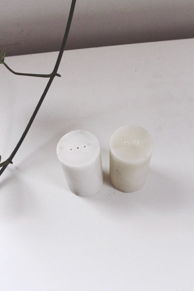 Vintage Minimalist Cylindrical Honed Carrara Marble Salt & Pepper Shakers Set