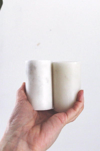 Vintage Minimalist Cylindrical Honed Carrara Marble Salt & Pepper Shakers Set