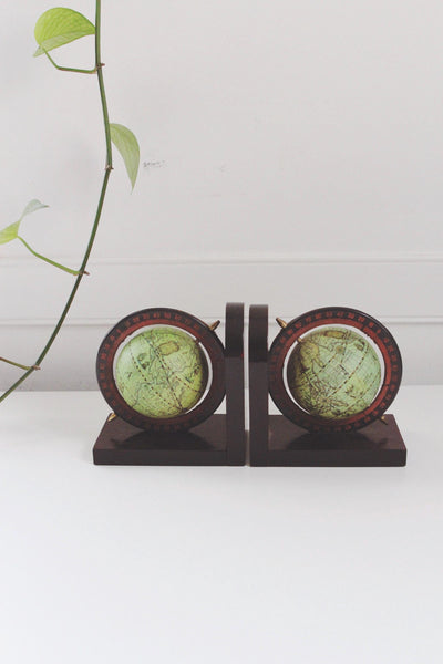 Vintage Mid Century Wooden World Globe Bookends