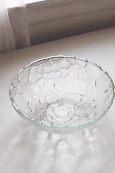 Vintage Large Fruit Embossed Clear Glass Fruit Bowl Centerpiece