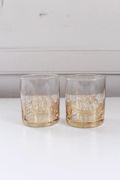 Vintage Gold Decal Trees Branches Rocks Glasses Tumblers Set Pair