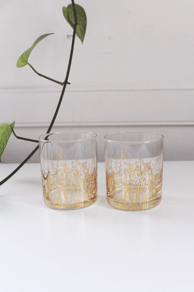Vintage Gold Decal Trees Branches Rocks Glasses Tumblers Set Pair