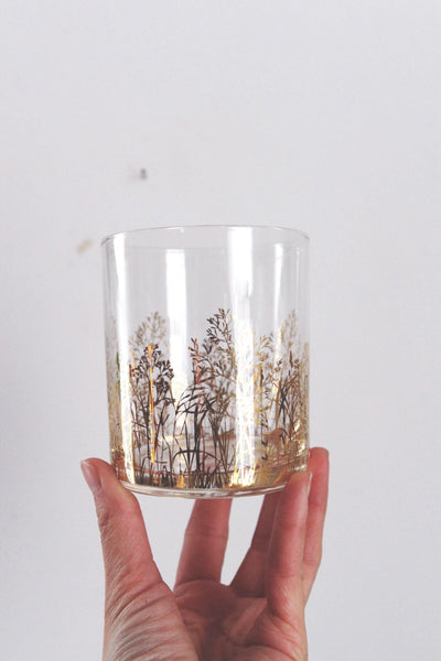 Vintage Gold Decal Trees Branches Rocks Glasses Tumblers Set Pair
