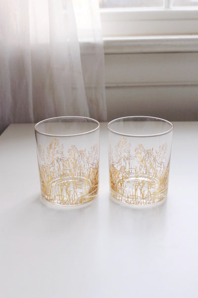 Vintage Gold Decal Trees Branches Rocks Glasses Tumblers Set Pair