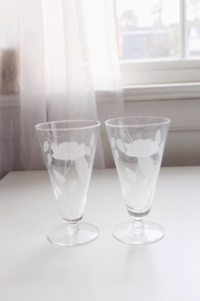 Vintage Etched Floral Footed Crystal Glasses Set Pair