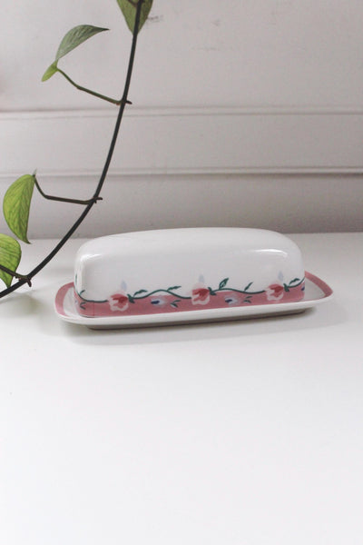 Vintage Butter Dish - Pink Flowers Roses - Ceramic, Retro Cottagecore