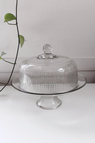 Vintage Glass Pedestal Cake Stand - Ribbed Design, Dome Lid - 12"