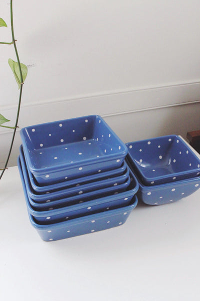 Vintage Polka Dot Blue Square Baking Dish Mixing Bowl Set - Temp-tations by Tara, Ceramic