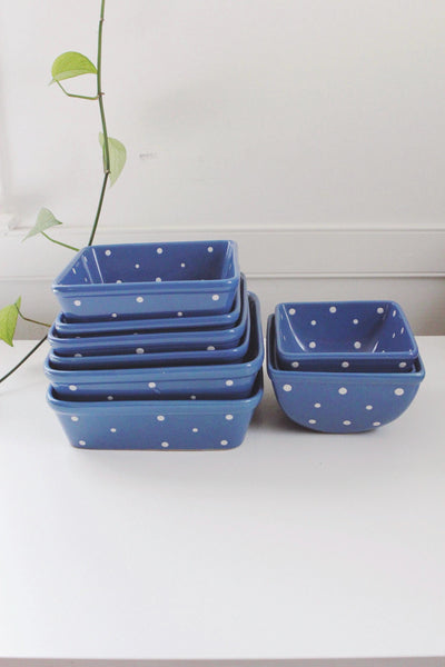 Vintage Polka Dot Blue Square Baking Dish Mixing Bowl Set - Temp-tations by Tara, Ceramic